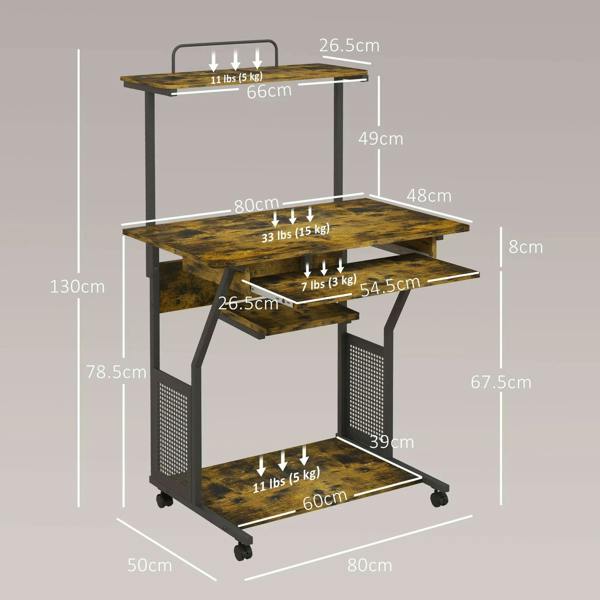 Multi-storage work desk with sliding keyboard tray, size diagram over rustic brown frame