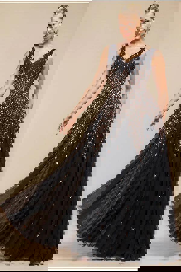 Sunray Hand Embellished Sequin A-Line Sleeveless Maxi Dress - Black DR2882