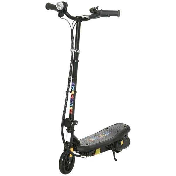 Black electric scooter with handlebar, front LED headlight, and foot deck