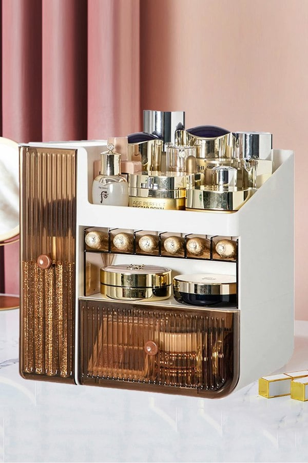 Living and Home Large Makeup Storage Organizer Cosmetic Skincare Display Box with Brush Holder Drawers