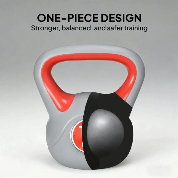 One-piece style 14 kg kettlebell in grey with red handle and 14 KG label.