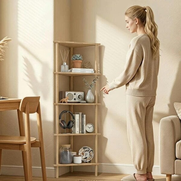 Bamboo Storage Shelf, 5-tier Corner Shelf, Freestanding Shelving Unit for Living Room, Home Office, Natural Wood Finish