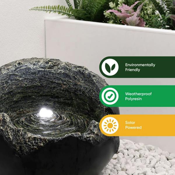 Gardenwize Solar Powered Rock Bowl Water Feature with LED Light & Battery Backup – Garden Fountain for Patio, Decking & Outdoor Spaces