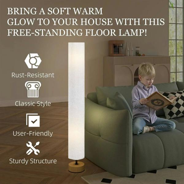 Free-standing grey linen floor lamp with warm glow and small round base
