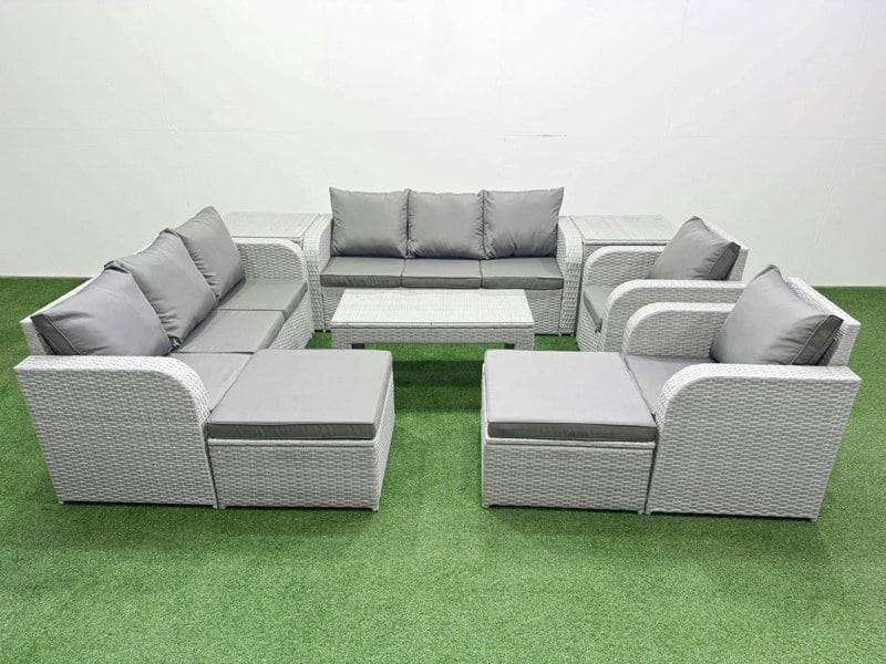 Fimous Light Grey PE Rattan High Back Lounge Set - Oblong Coffee Table, 3-Seater Sofa, Reclining Chair & 2 Big Footstools