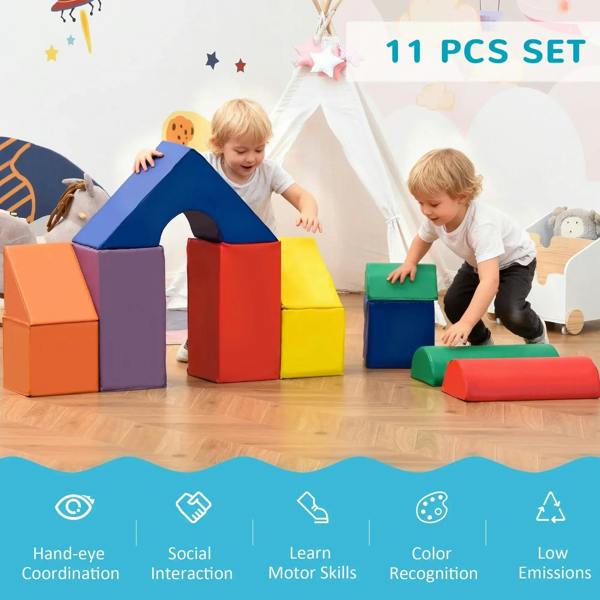 11-piece kids foam play set with colorful blocks forming a playhouse