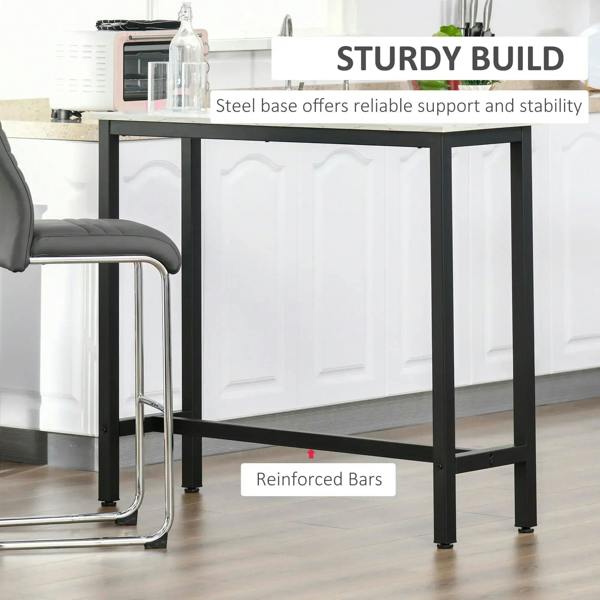 Rectangular bar table with black steel base frame and white marble-effect desktop