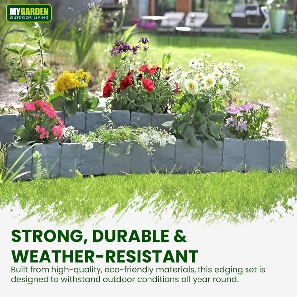 My Garden Outdoor Living Interlocking Lawn Edging Set 20 Pack – 16ft Long Hammer-In Garden Edging Borders - Cobblestone Border Design for Flower Beds