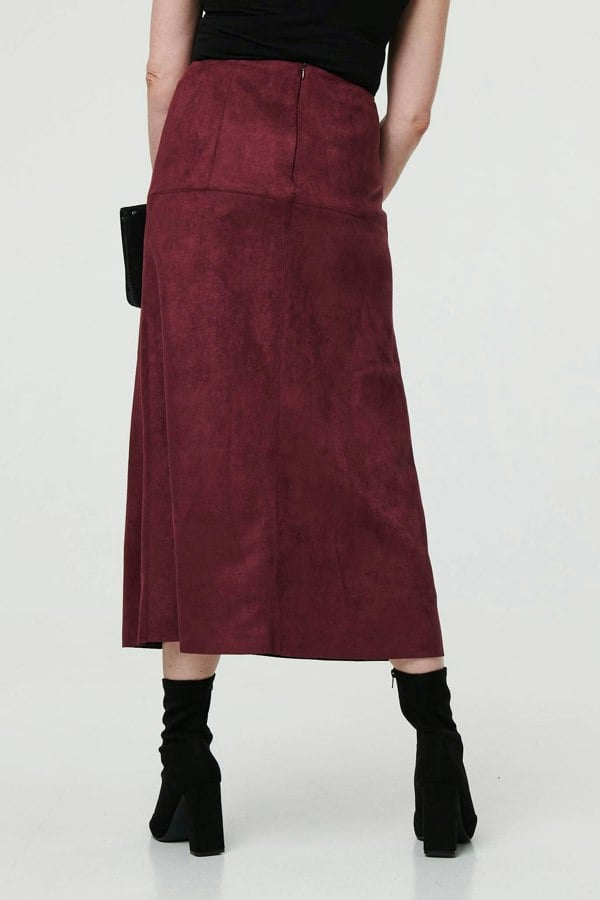 Red | Faux Suede A-Line High Waist Midi Skirt
