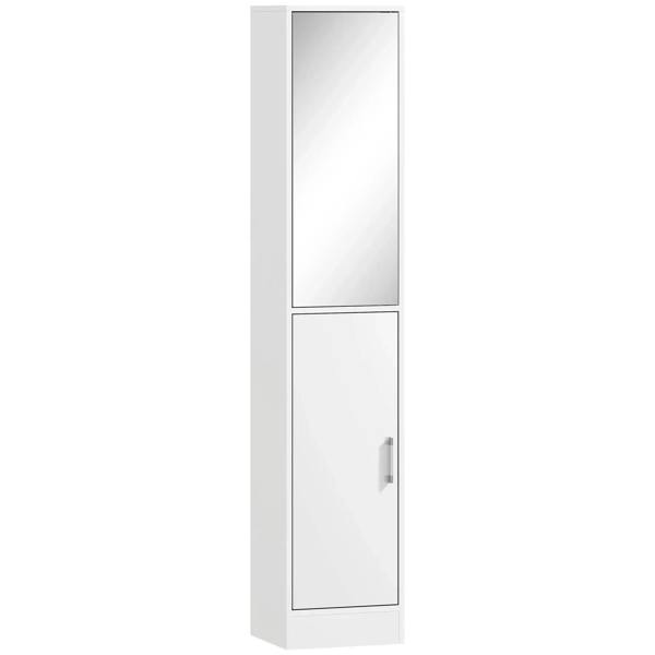 White tall bathroom cabinet with tall mirror and lower door storage
