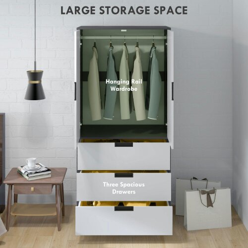 Wyld Haus Corario Wooden Grey and White 2 Door Wardrobe With 3 Drawers And Hanging Rod