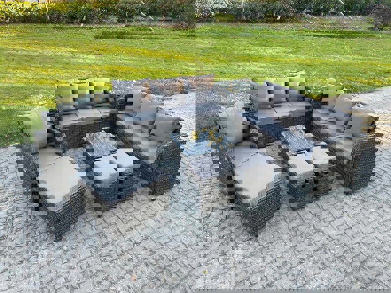 Fimous 10-Seater Dark Grey Rattan Outdoor Sofa Set | Reclining Chair, Coffee Table, 3 Footstools, 2 Side Tables