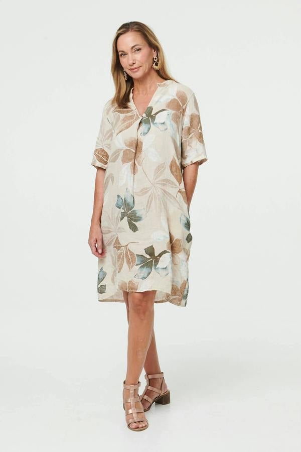 Linen | Leaf Print Shift Knee Length Dress