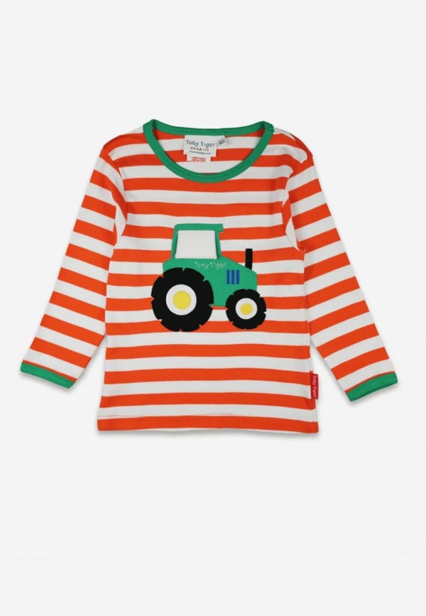 Toby Tiger Organic Orange Tractor Applique Long-Sleeved T-Shirt
