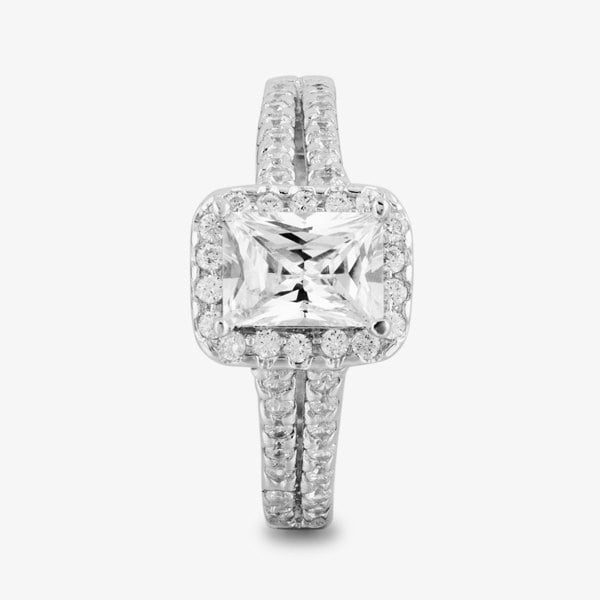 Starbright Silver Baguette-Cut Cubic Zirconia Halo Split Shouldered Ring R6160 3A