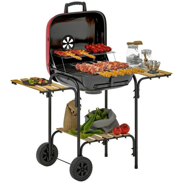 Portable charcoal barbecue grill with open lid, side shelves, and four wheels.