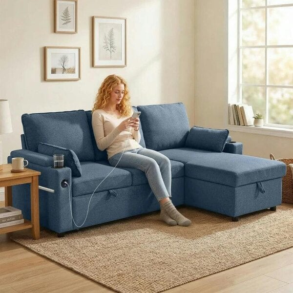 Corner Sofa Bed, L Shaped Sleeper Sectional Sofa with Reversible Storage Chaise, Blue - Blue