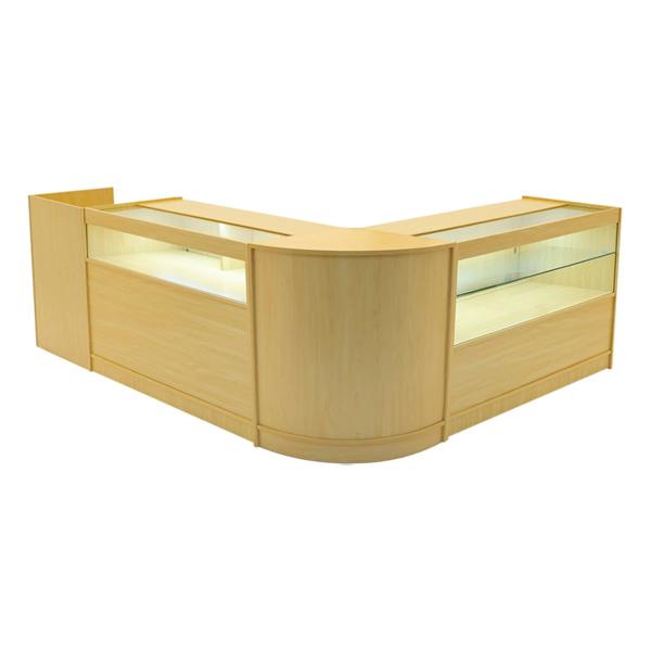 Gravity LED Shop Counter Set in maple finish, featuring sleek curved edges, glass display sections, and ample storage space
