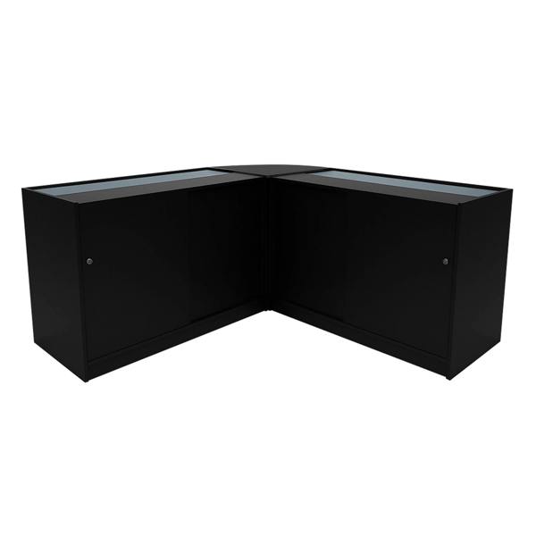 Black Selene LED shop counter set with two display cabinets, featuring sleek glass tops and modern design for retail spaces