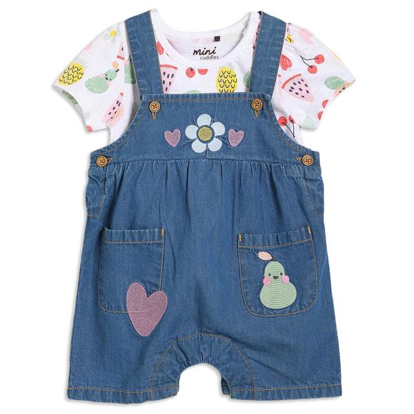 Mini Cuddles Baby Girls Fruit Print Dungaree 2pc Set , Multicolour