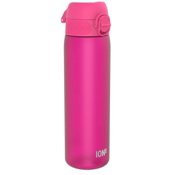 A pink ION8 water bottle stands against a white background. The bottle is upright and features a pink screw-top lid.