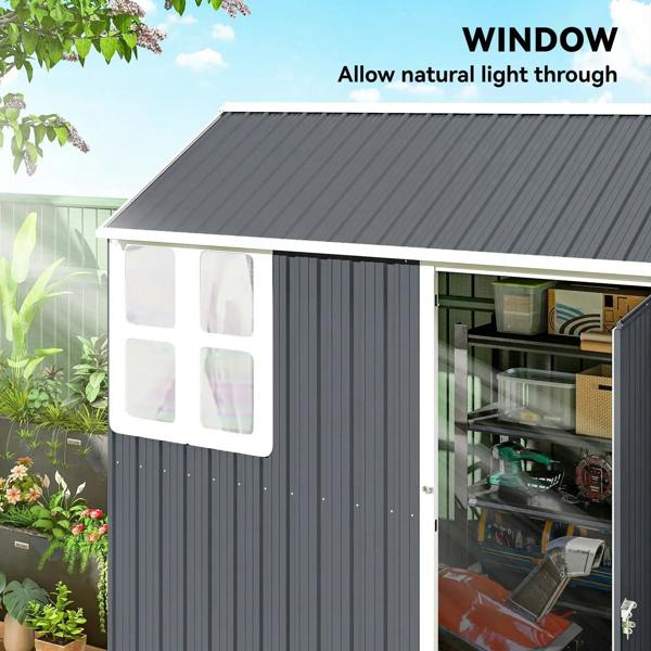 Dark grey garden shed with tinted window panel and open side door
