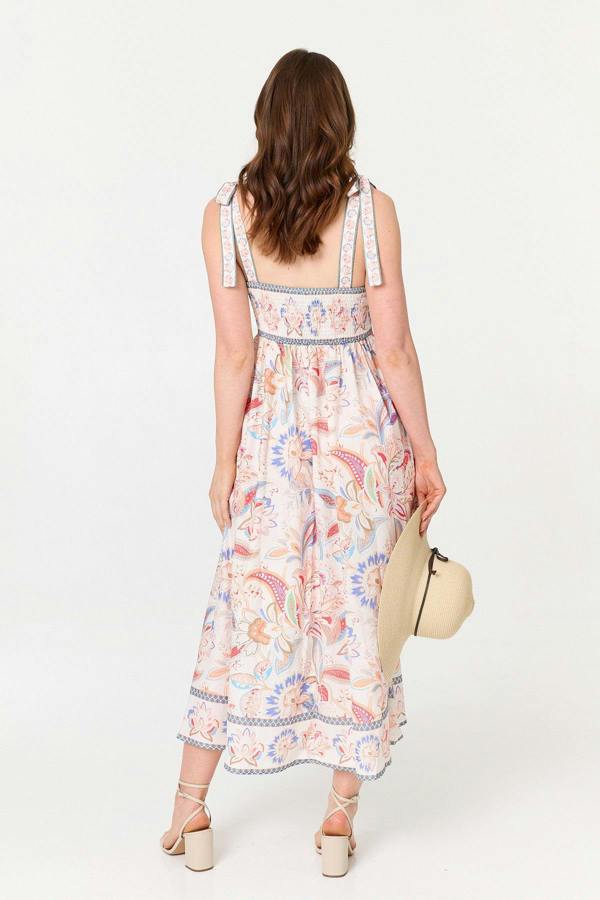 White | Floral Tie Sleeveless A-Line Midi Dress