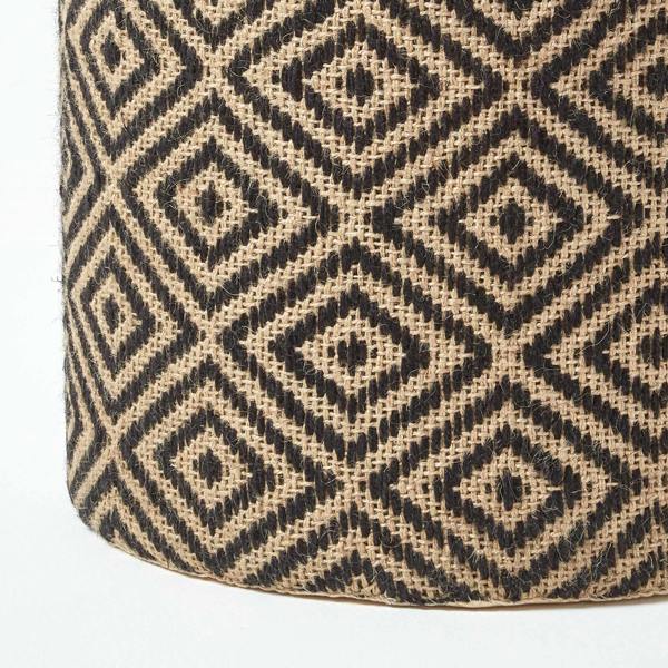HOMESCAPES Jute Round Pouffe Black and Off-White Herringbone Pattern - 40 x 40 x 42 cm