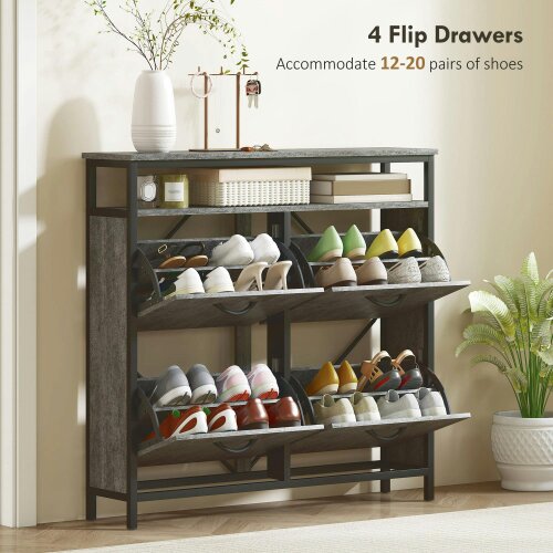 Wyld Haus Verala Wooden Cement Effect Grey Shoe Cabinet With 4 Flip Drawers And Shelf
