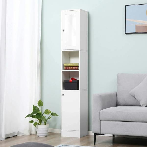 White tall bathroom cabinet with open shelves and a lower door, freestanding in a room