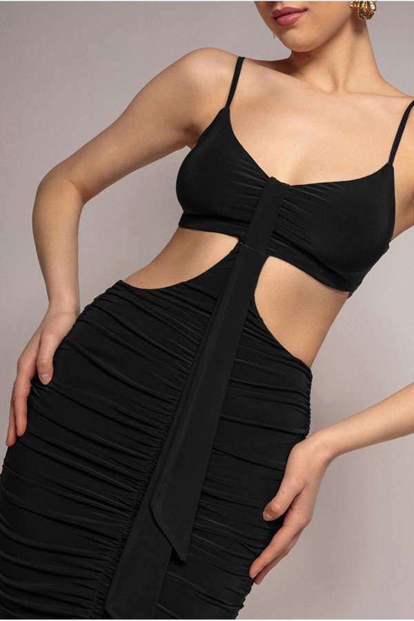 Cut Out Ruched Bodycon Midi Dress - Black DR3522