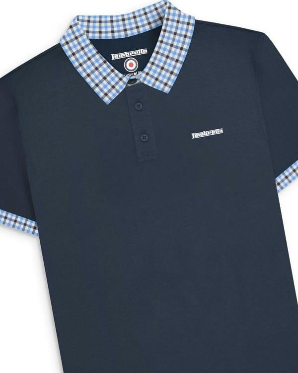 Lambretta Mens Classic Dress Gingham Mod Retro Ska Casual Polo, navy blue polo shirt with a blue and white checkered collar and sleeve cuffs.