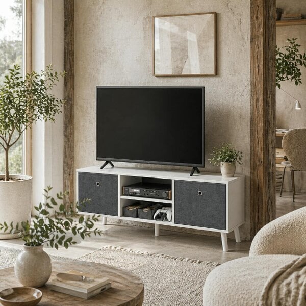 Wyld Haus Nirona 110cm Wooden White TV Storage Cabinet With Grey Fabric Fold Down Drawers For Screens Up To 50 Inches