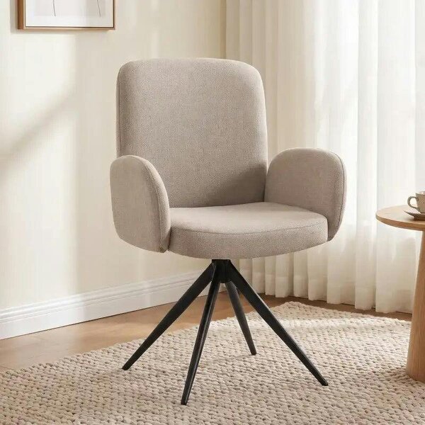 Swivel Accent Chair, Upholstered Linen-Look Armchair with Curved Backrest, Wrapped Armrests for Living Room, Light Brown - Brown
