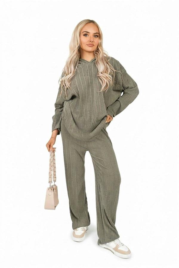 Zayana Hooded Ribbed Oversized Top And Wide Leg Lounge Co-ord Set - Khaki_wb