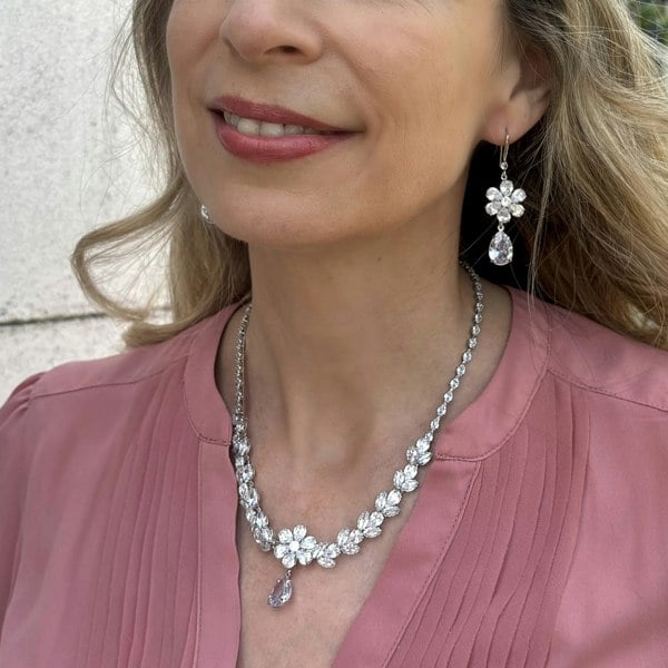 Silver Crystal Flower Necklace, Silver Drop Necklace, Silver Crystal Necklace, Silver Flower Necklace, Silver Necklace