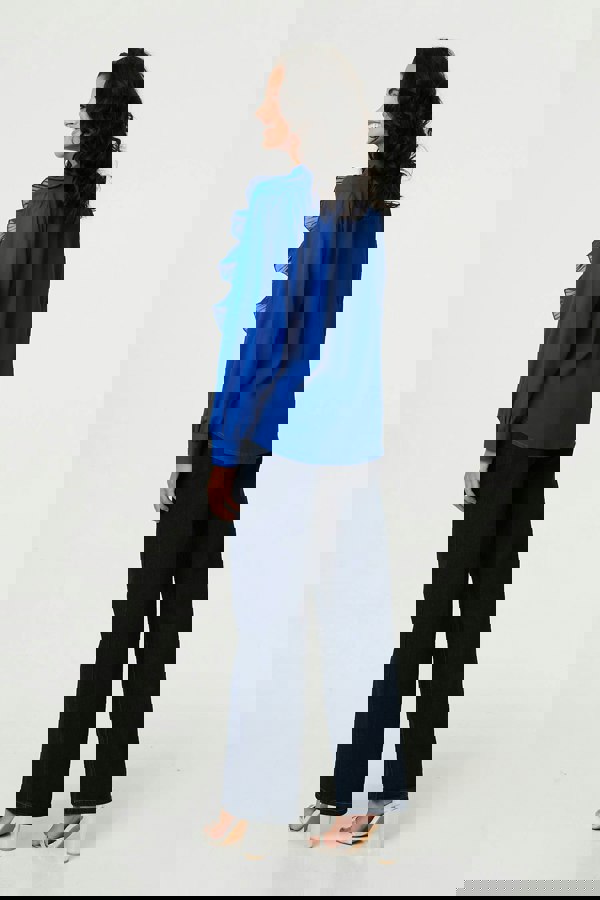 Blue | Ruffled Long Sleeve Semi Sheer Blouse
