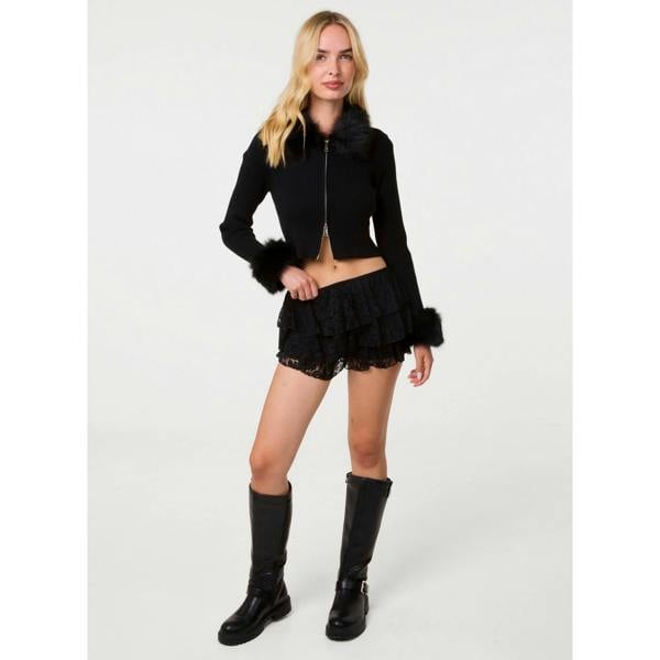 Pink Vanilla Fur Trim Zip Through Cardigan