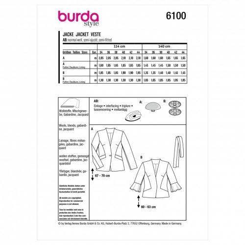 Burda Sewing Pattern 6100 Jackets For Women, 34 to 44 - Intermediate
