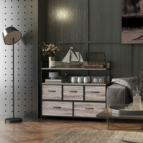 Grey wood-effect drawer chest with five fabric drawers and black steel frame, corner view