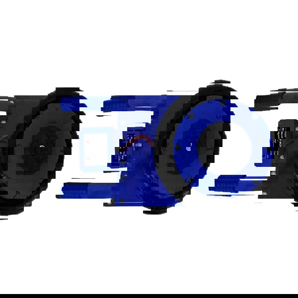 Blue air bag jack with a sturdy carrying handle, featuring a textured black wheel and control panel for easy operation