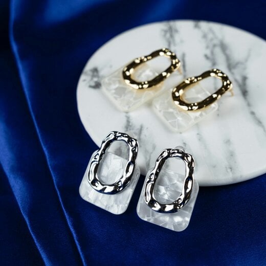 The Colourful Aura Gold Acrylic Resin Geometric Hollow Square Lock Hanging Foil Stud Drop Earring