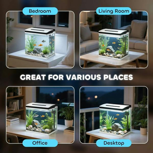 LED glass aquarium tank with small fish and live plants, front view