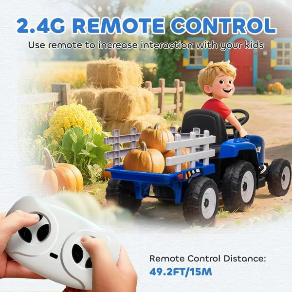 Blue ride-on tractor with detachable trailer and remote-controlled play