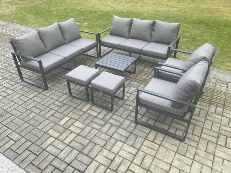 Fimous Aluminium Patio Outdoor Garden Furniture Lounge Sofa Set with Square Coffee Table 2 Chairs 2 Small Footstool Dark Grey