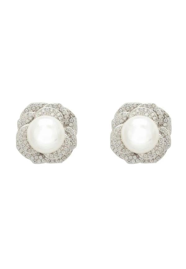 Pearl And Rose Petals Stud Earrings Silver - LATELITA Earrings
