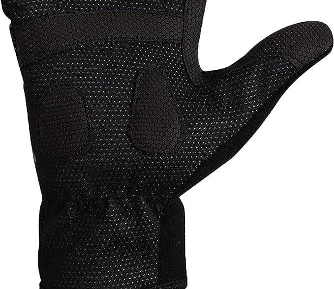 Close-up of black winter cycling glove palm with grippy dotted texture and padding, on white - Optimum