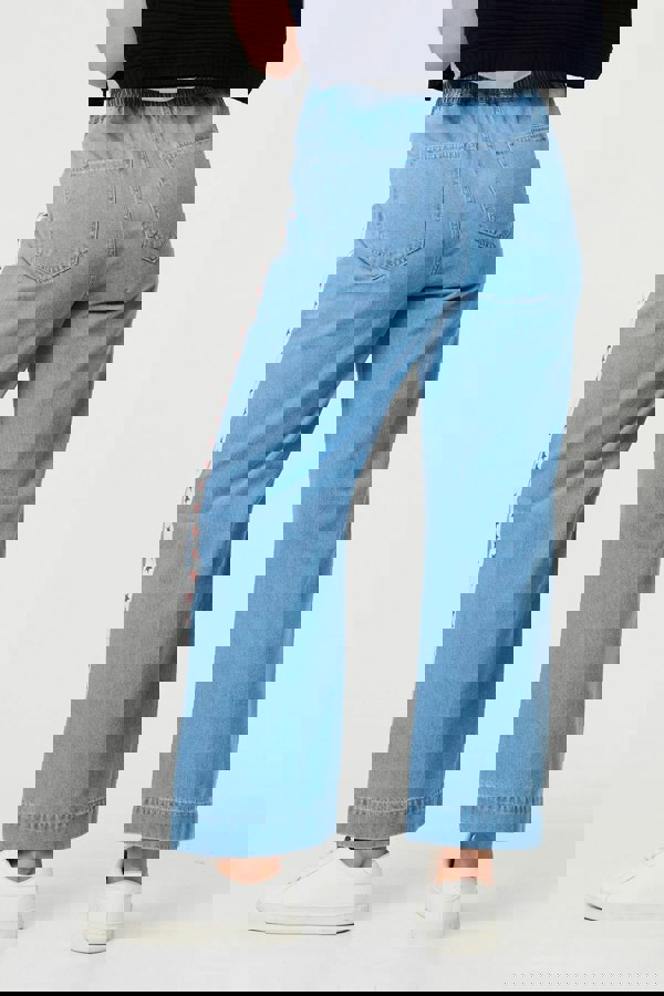 Blue | Star Print Trim Drawstring Wide Jeans
