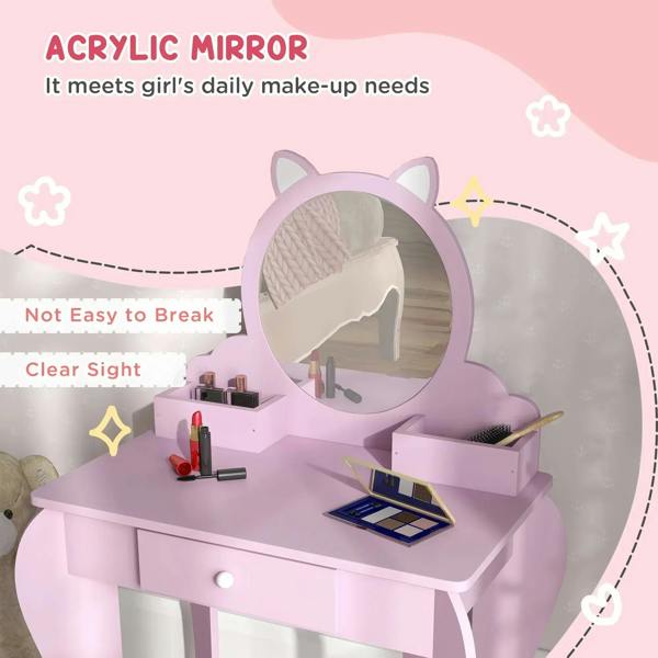 Pink kids vanity table with round cat-ear acrylic mirror and front vanity shelves