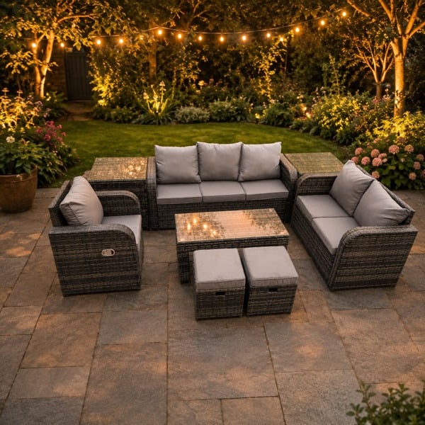 Fimous High Back Rattan Garden Furniture Set with Loveseat Sofa Coffee Table 2 Side Tables 2 Small Footstools Indoor Outdoor Patio Lounge Sofa Set